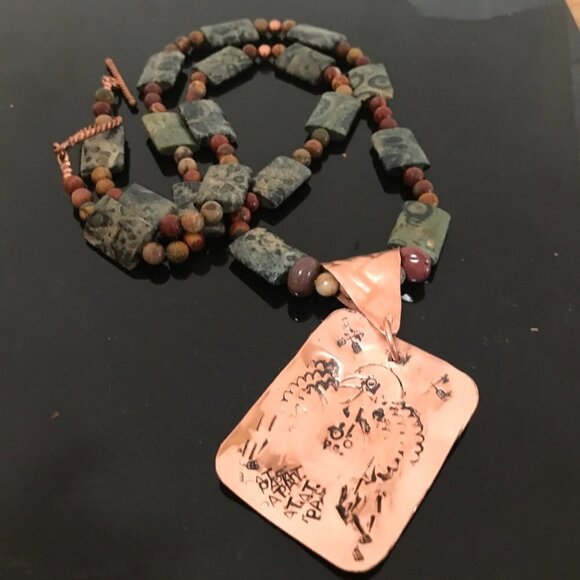 Copper Phoenix Eagle Dog Tag Mookite Jasper Necklace Long Gemstone - Picture 1 of 10